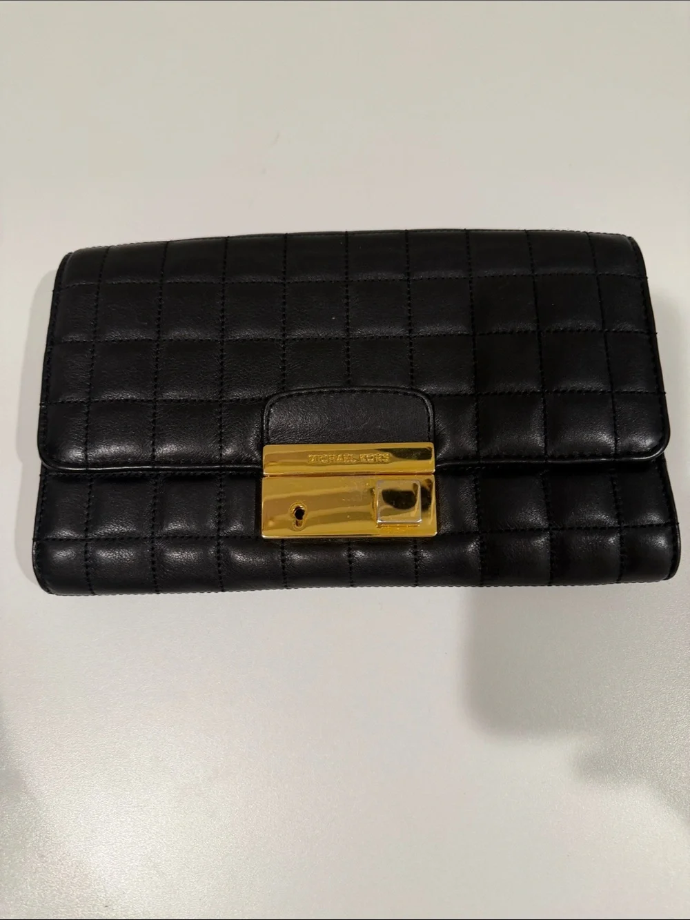 Michael Kors Black Quilted Leather Clutch with Gold Hardware